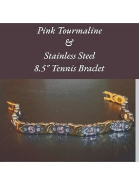 Pink Tourmaline Tennis Bracelet in Gold & Silver Toned Stainless Steel